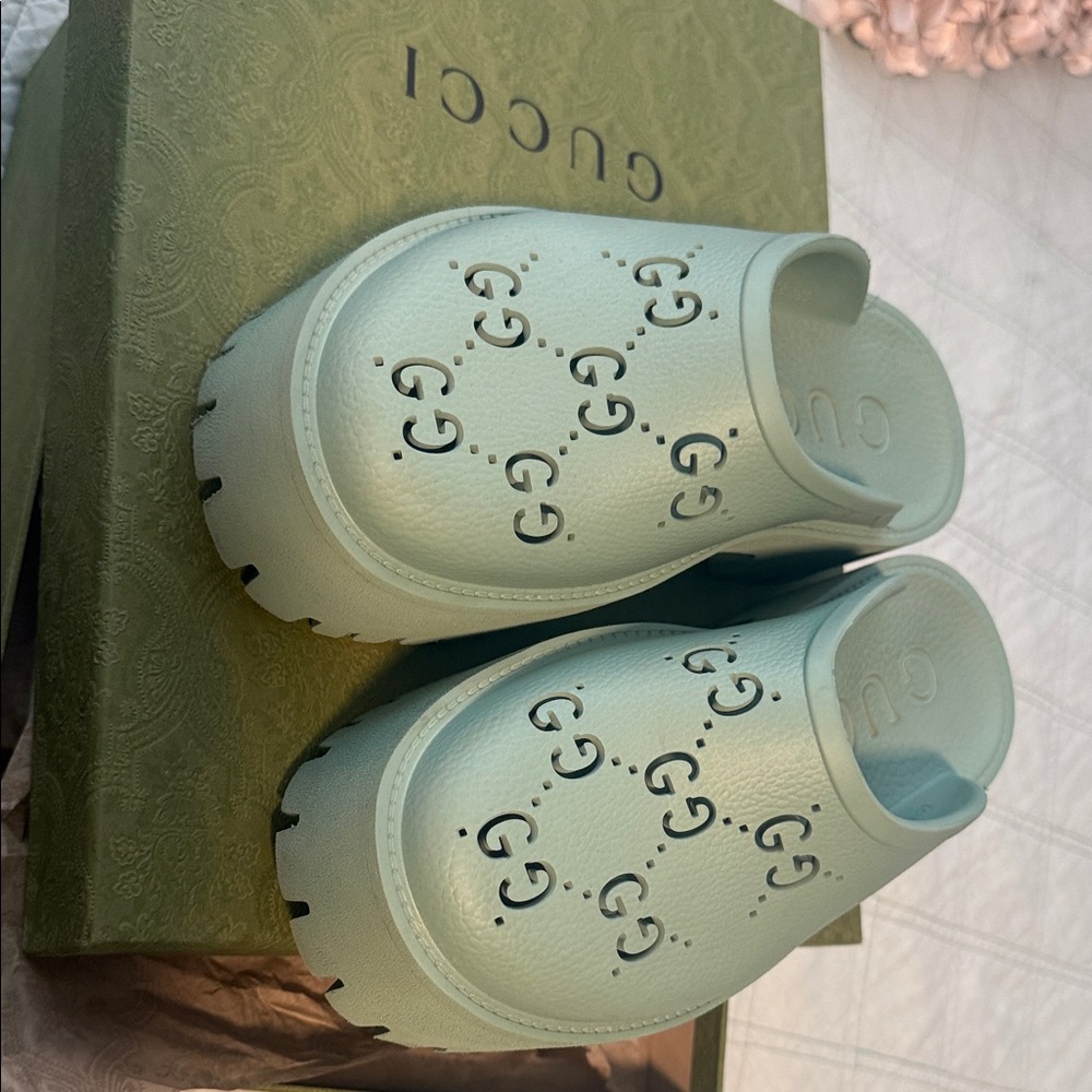 Gucci women Mint Green Perforated Logo Clogs